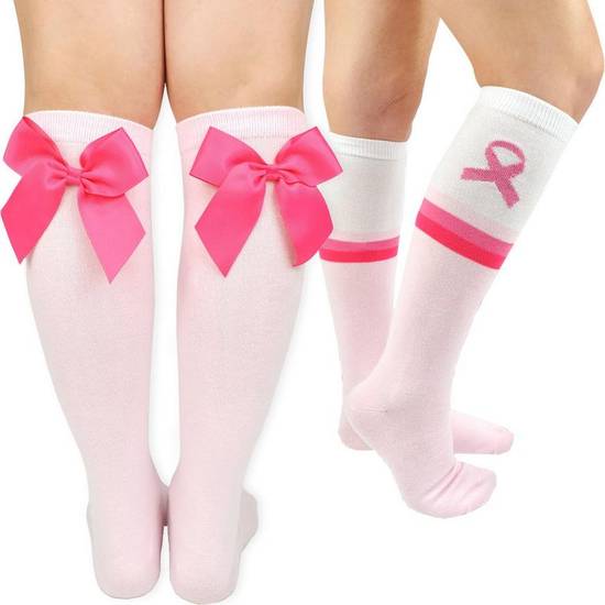 Breast Cancer Awareness Bow & Ribbon Knee Socks, 2ct