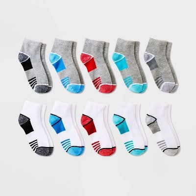 Cat & Jack Boys' Striped Lightweight Ankle Socks, S, White-Gray (10 ct)