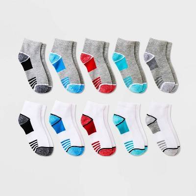 Boys' 10pk Striped Lightweight Ankle Socks - Cat & Jack™ White/Gray L: Arch Support, Jacquard Knit