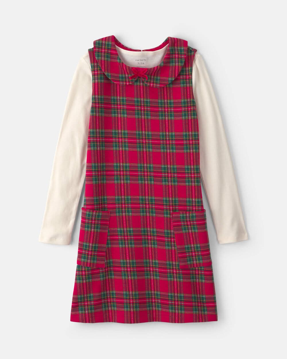Girls 2-Piece Plaid Dress Set - Red/Cream - 6-6X