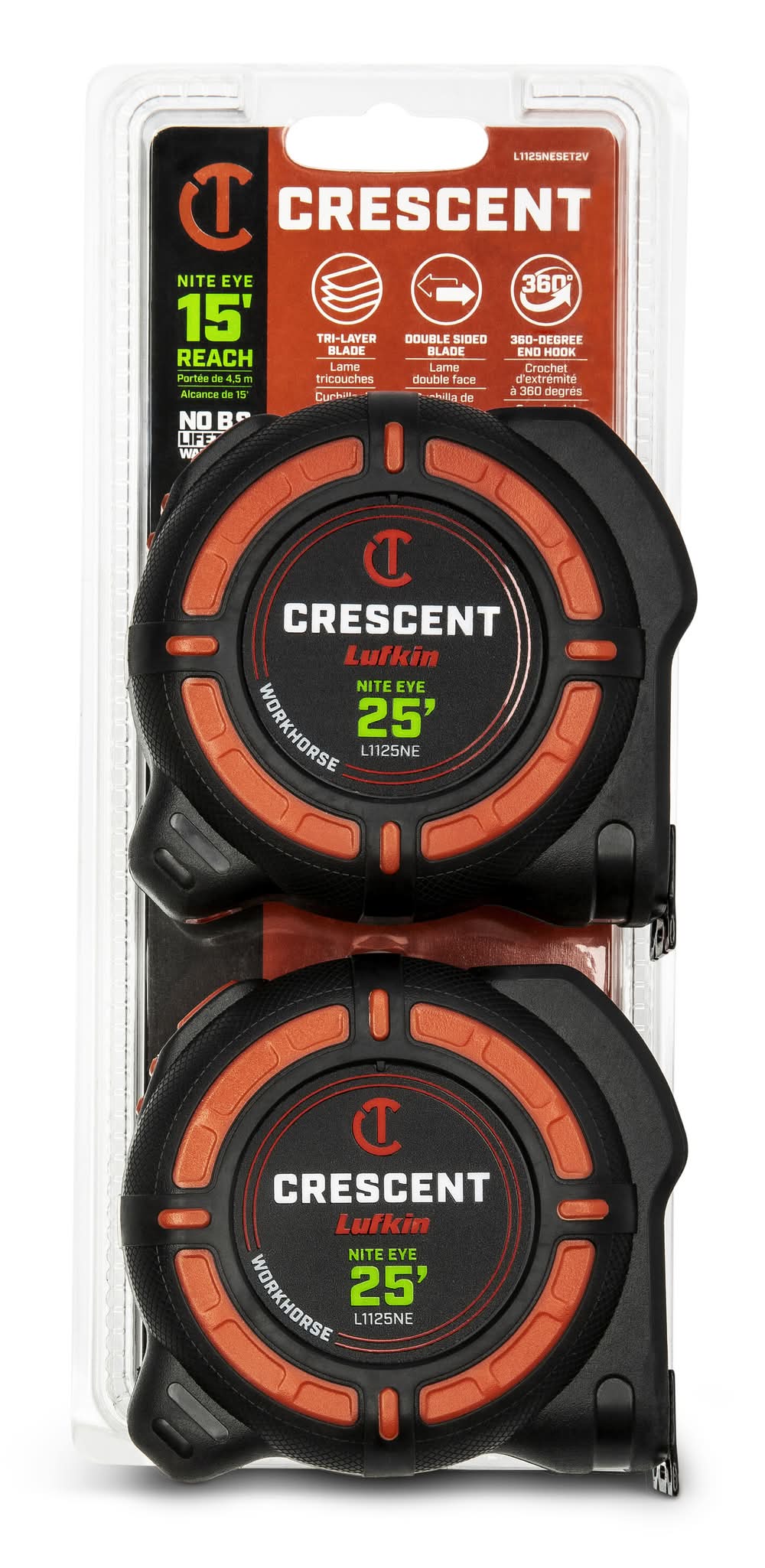 Crescent Lufkin Black WORKHORSE Nite Eye 2 -Pack 25-ft Tape Measure