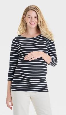 3/4 Sleeve Boatneck Maternity T-Shirt - Isabel Maternity by Ingrid & Isabel™ Black/White Striped M: Cotton Modal Blend, Knit Pullover
