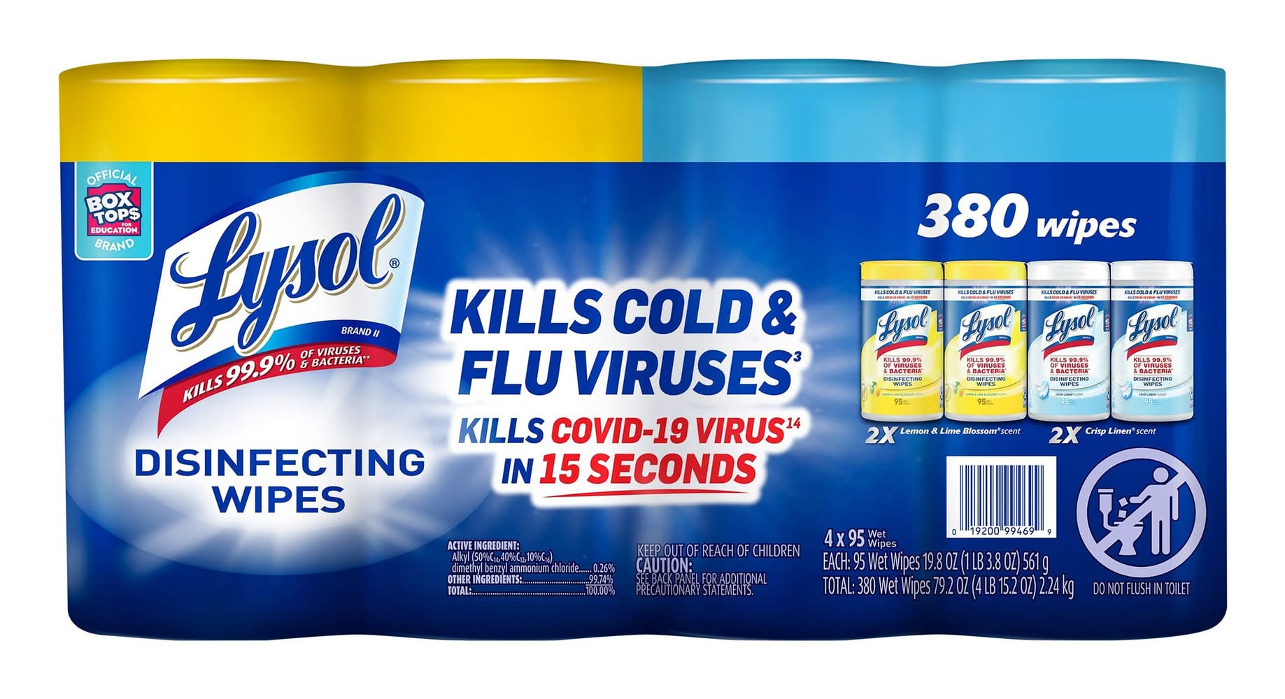 Lysol Kills Cold & Flu Viruses Disinfecting Wipes, Lemon & Lime Blossom-Crisp Linen (4 x 19.8 oz)
