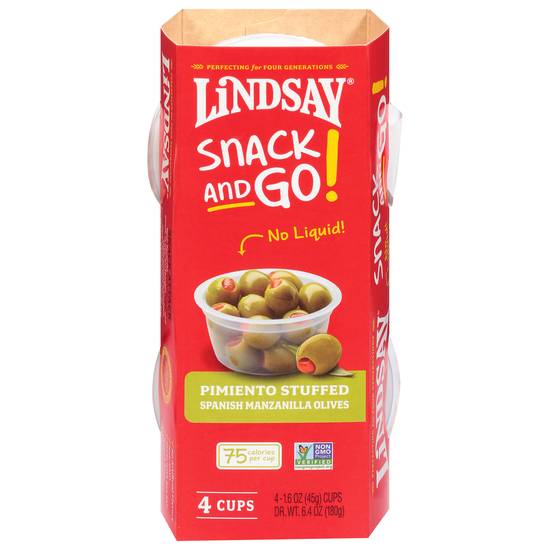 Lindsay Snack and Go Pimiento Stuffed Manzanilla Olives (4 x 1.6 oz cups)