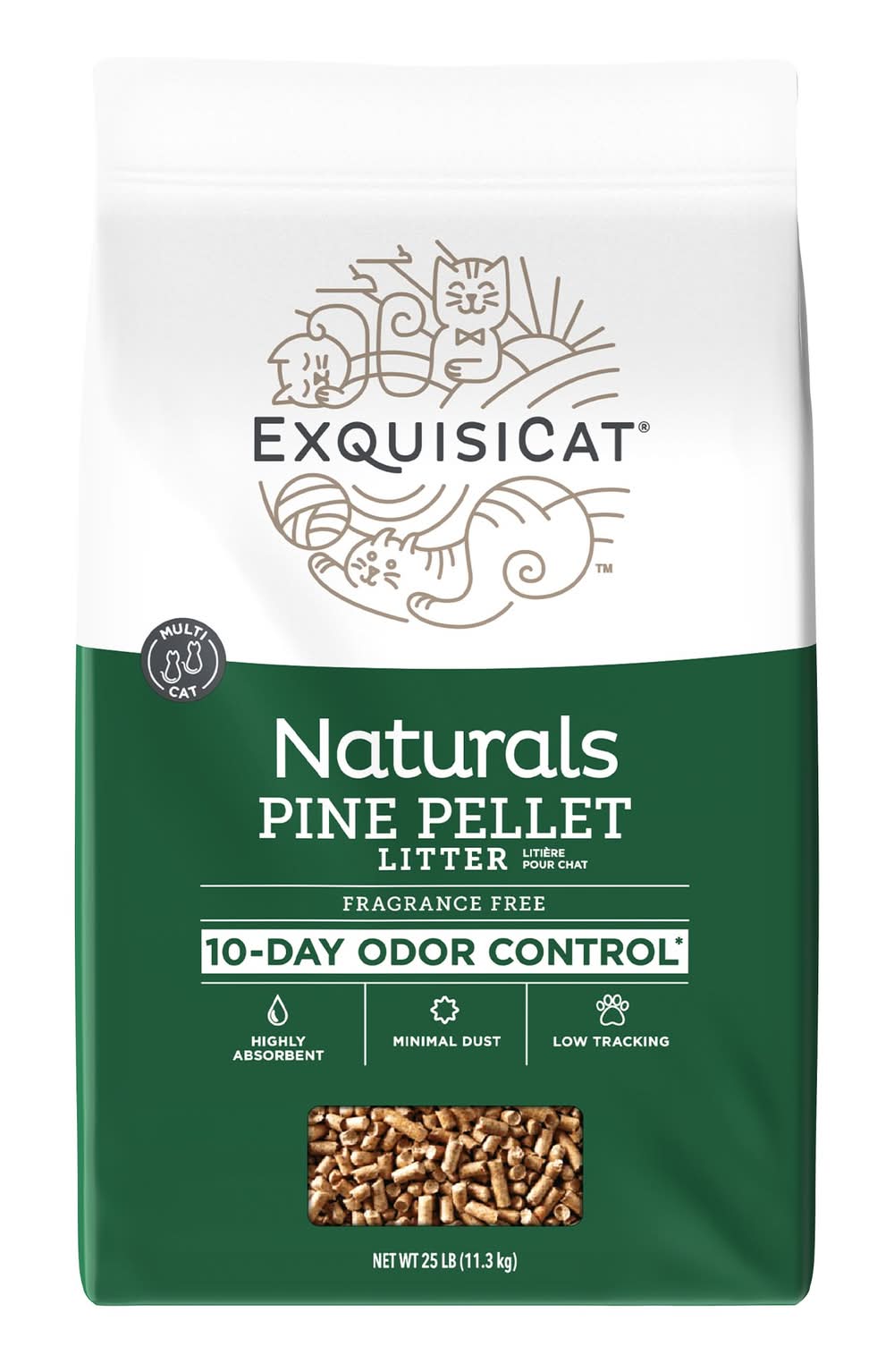 ExquisiCat Litter Multi-Cat Pine Pellet Cat Litter - Unscented, Low Dust, Low Tracking, Natural (Size: 25 Lb)