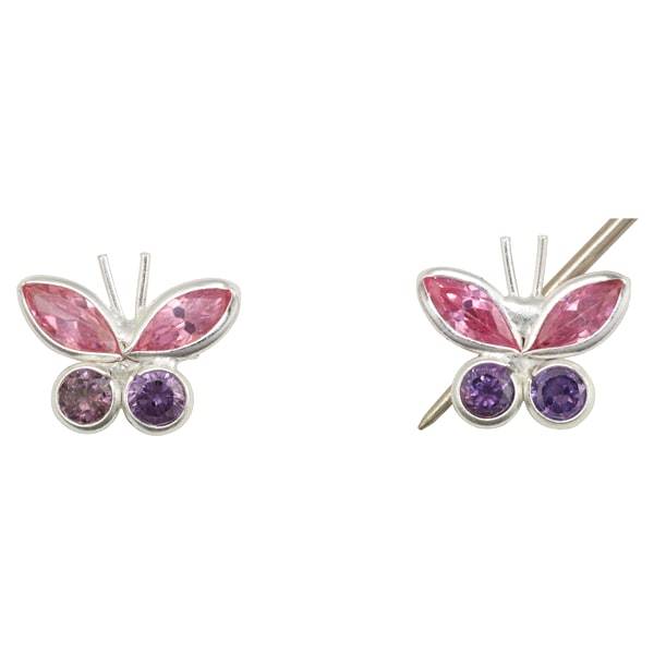 Itsy Bitsy Pink and Purple Cubic Zirconia Butterfly Post Earrings