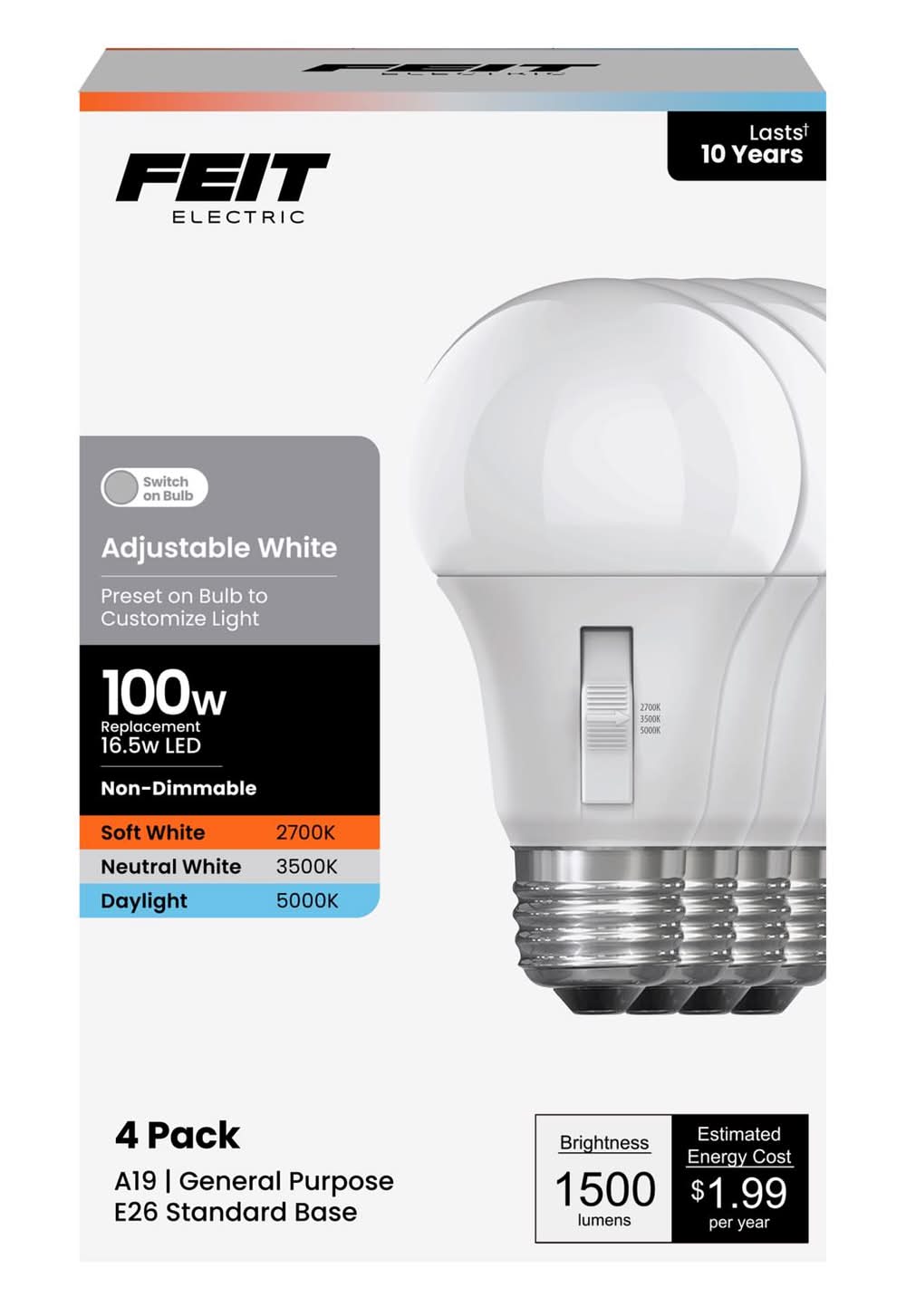 Feit Electric A19 E26 (Medium) Led Bulb Adjustable White 100 Watt Equivalence 4 Pk