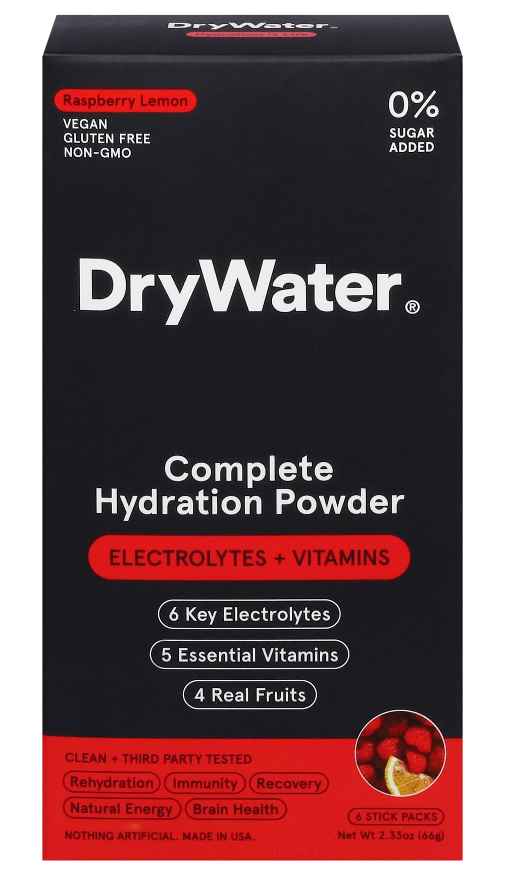 DryWater Electrolytes + Vitamins Complete Hydration Powder, Raspberry Lemon (2.34 oz, 6 ct)