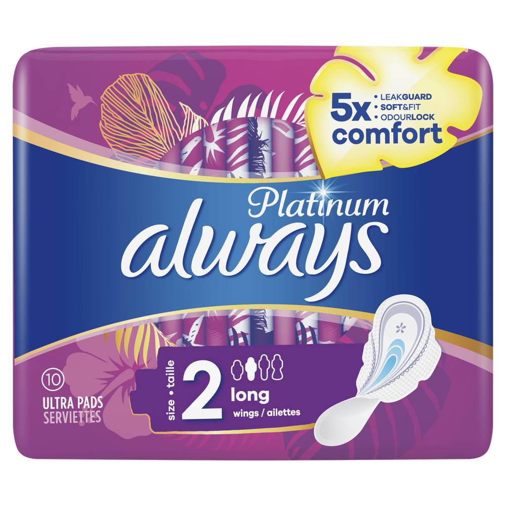 Always - Platinum long taille 2 serviettes hygiéniques avec ailettes (65g)