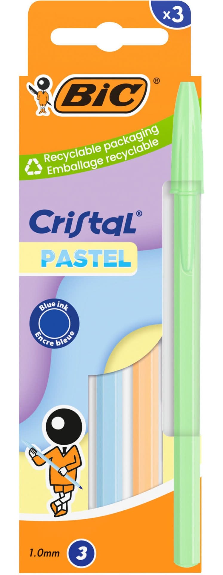 Esferográfica Cristal Pastel Az+Lr+Vd 3 Unidades Bic