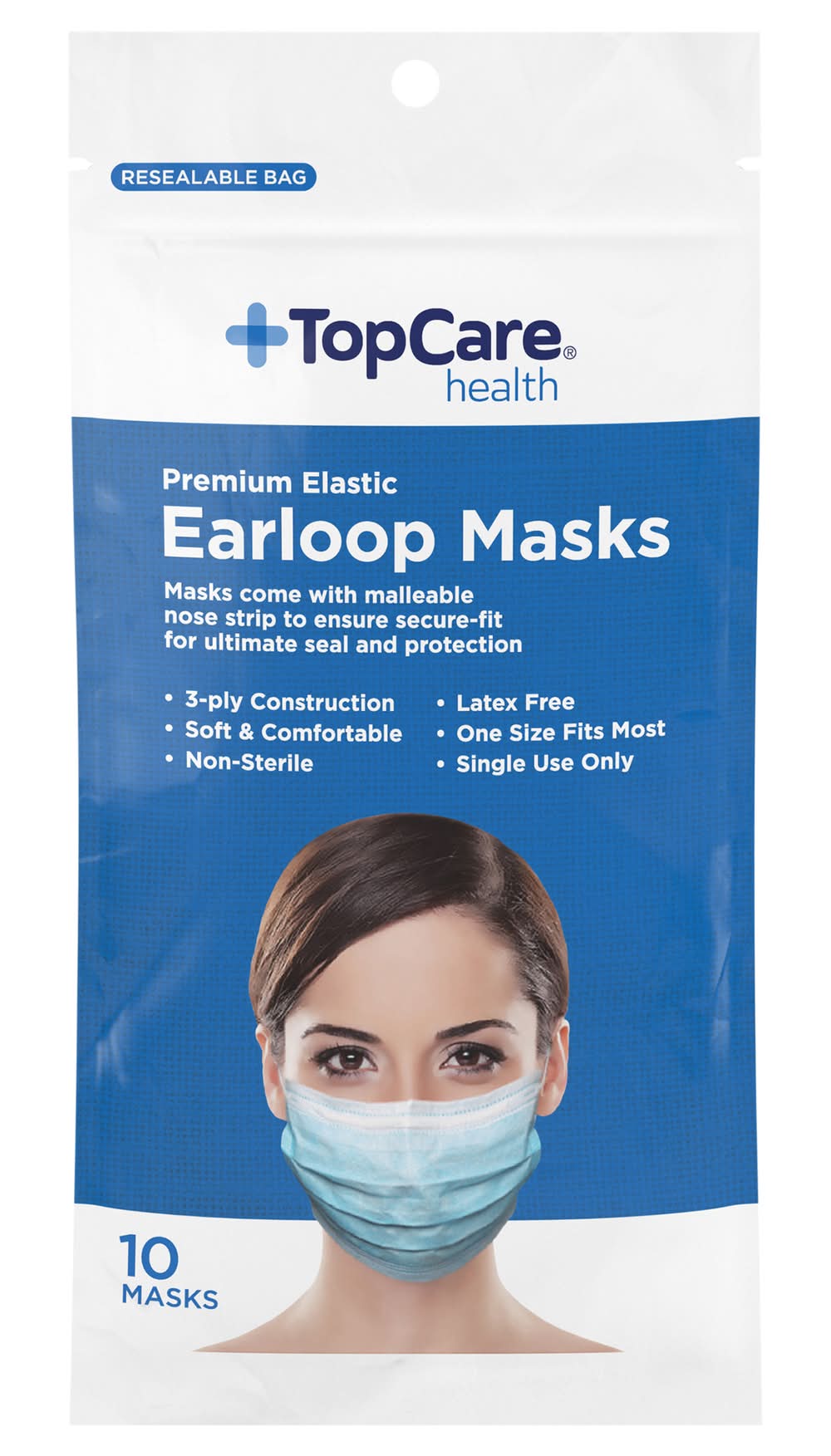 TopCare Premium Elastic Earloop Masks, Blue (10 ct)