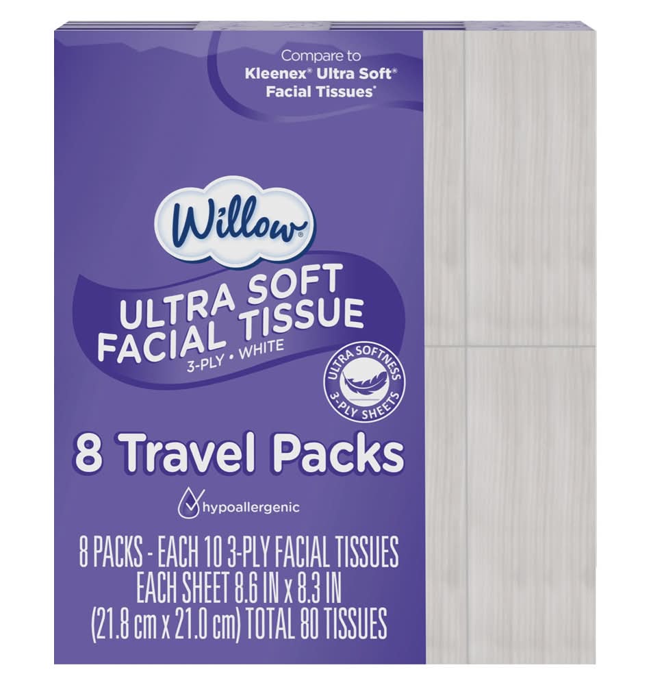 Willow 3-Ply Facial Pocket Tissues, 8.6x8.3 in, White (8 x 10 ct)