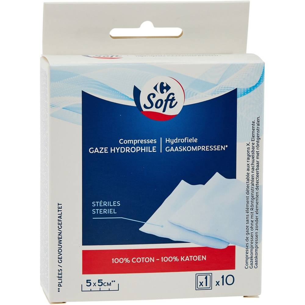 Carrefour Soft - Compresses stériles gaze hydrophile 5x5 cm (10 pièces)