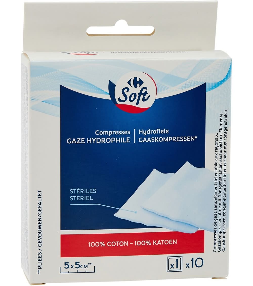 Carrefour Soft - Compresses stériles gaze hydrophile 5x5 cm (10)