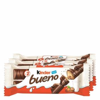 Barrita de chocolate con leche relleno de crema de avellanas Kinder Bueno pack de 3 unidades de 44 g.