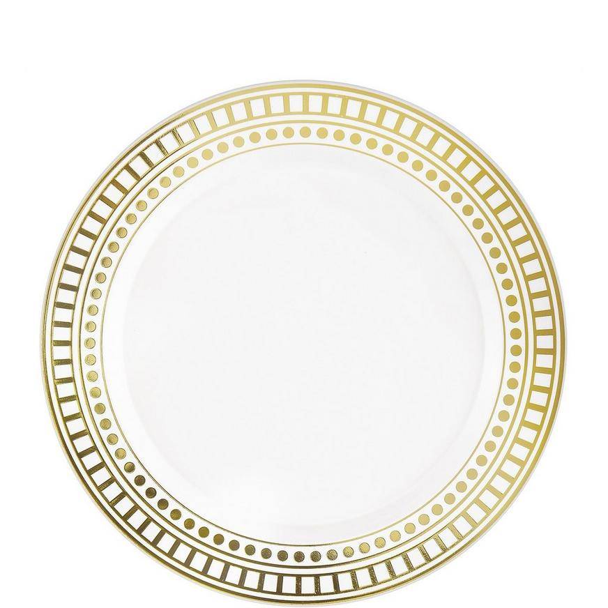 White With Gold Dot Square Patterned Rim Premium Plastic Dessert Plates, 7.5in, 20ct