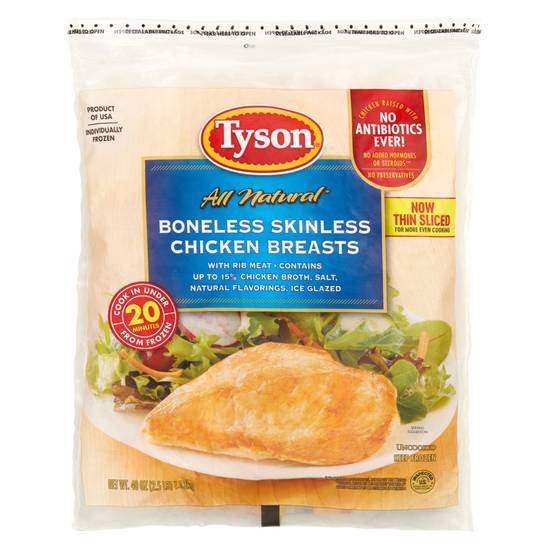 Order Tyson Frozen Boneless Skinless Chicken Breasts 2.5lb food online from Everyday Needs by Gopuff store, Tampa on bringmethat.com