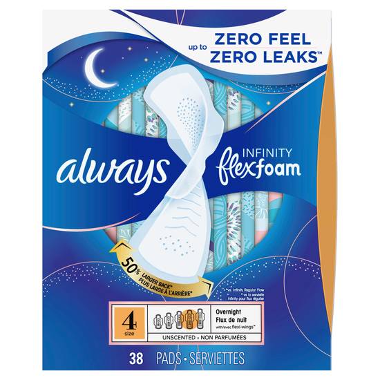 Always Infinity FlexFoam Pads for Women, Size 4, Overnight Absorbency, Unscented, 38 Count