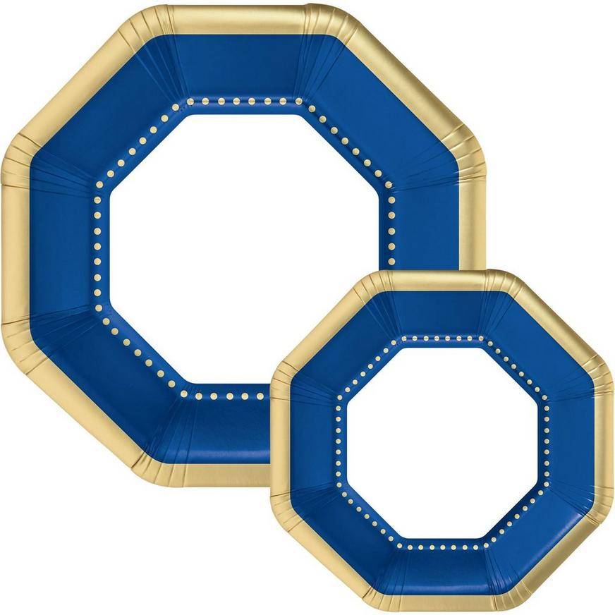 Octoganal Premium Paper Dinner (10.25in) Dessert (7.5in) Plates with Royal Blue Gold Border, 20ct