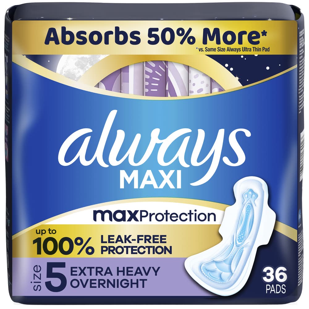 Always Extra Heavy Overnight Maxi Pads, 5 (36 ct)