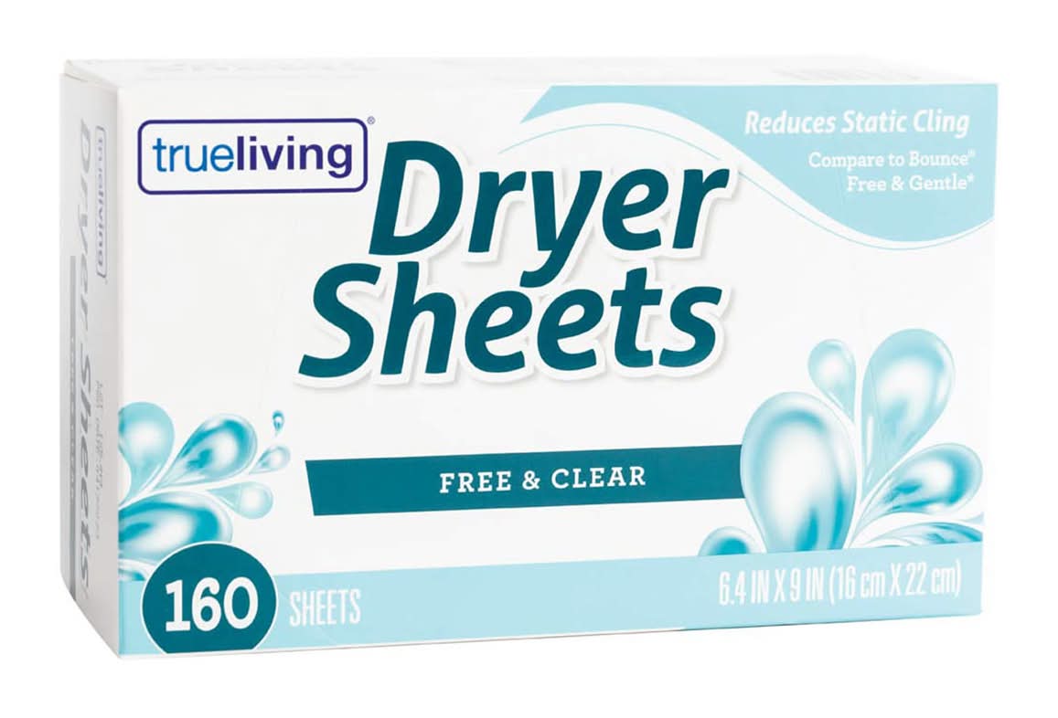 True Living Dryer Sheets, Free-Clear, 6.4x9 in (160 ct)