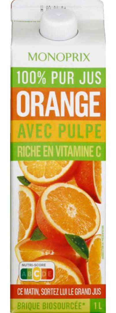 Monoprix - Pur jus de fruit avec pulpe riche en vitamine c, orange (1L)