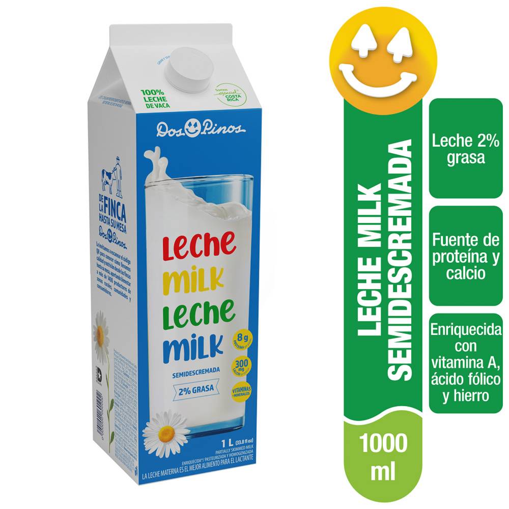Dos pinos leche semidescremada 2% grasa (1 l)