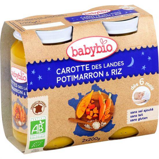 Petits pots bébé dès 6 mois, carotte potimarron riz BABYBIO - les 2 pots de 200 g