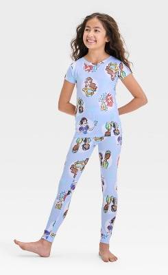 Girls' Disney Princess 3pc Pajama Set - Blue 4: Crew Neck, Jersey Fabric