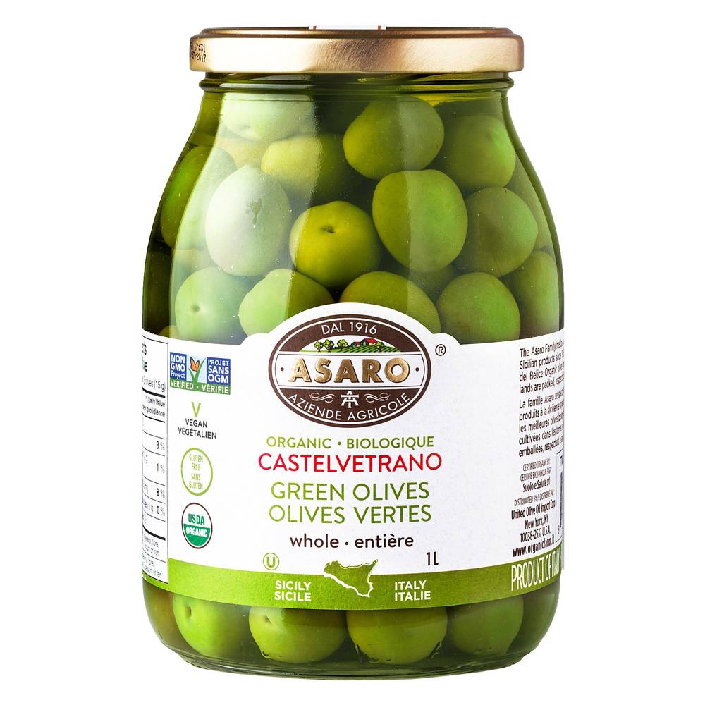 Asaro Farms Organic Castelvetrano Green Whole Olives, 1 L