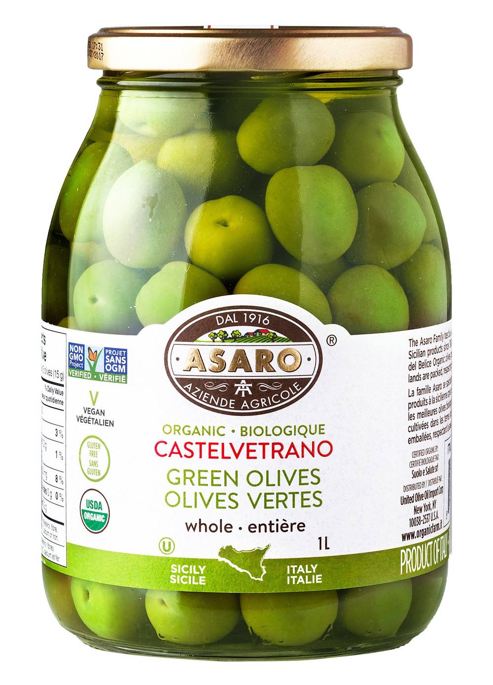 Asaro Farms -  Olives Vertes Entières Biologiques Castelvetrano, 1 L / Asaro Farms Organic Castelvetrano Green Whole Olives, 1 L