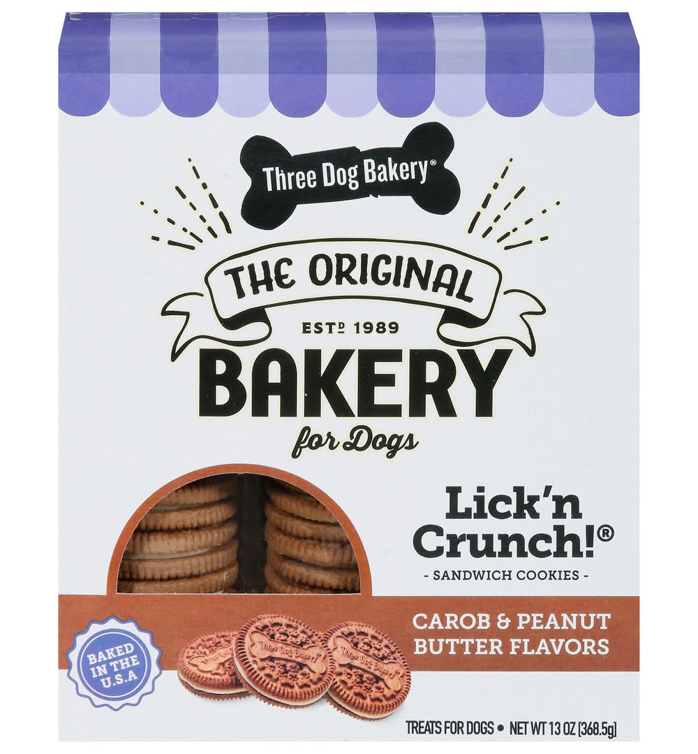 Three Dog Bakery Lick’n Crunch! Sandwich Cookies Treats For Dog, Carob & Peanut Butter (13 oz)