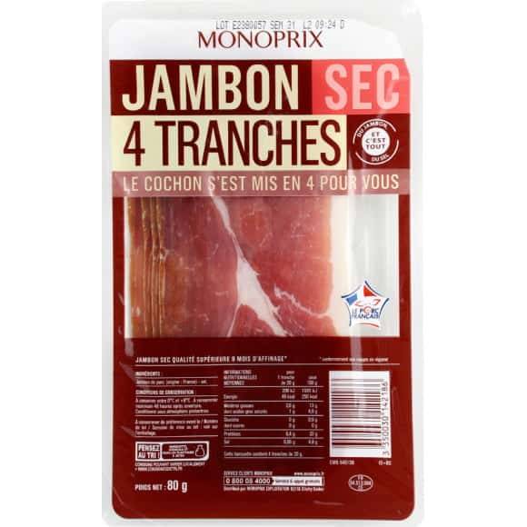 Monoprix Jambon Sec La Barquette De 4 Tranches, 80G