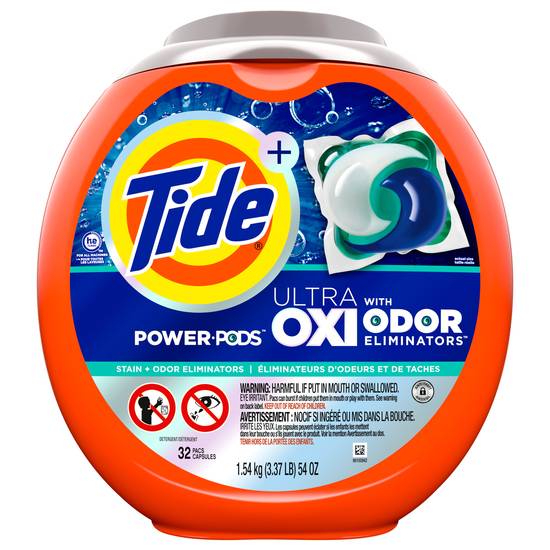 Tide Ultra Oxi Power Pods With Odor Eliminators Laundry Detergent Pacs For Visible and Invisible Dirt ( 32 ct )