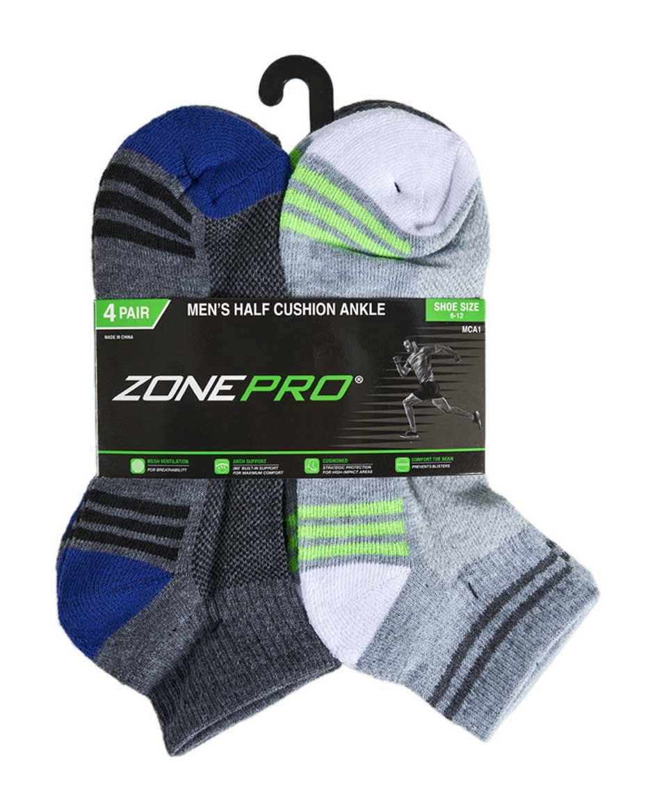 Zone Pro Men'S Half Cushion Ankle Cut Socks 4 Ct Assorted Colors