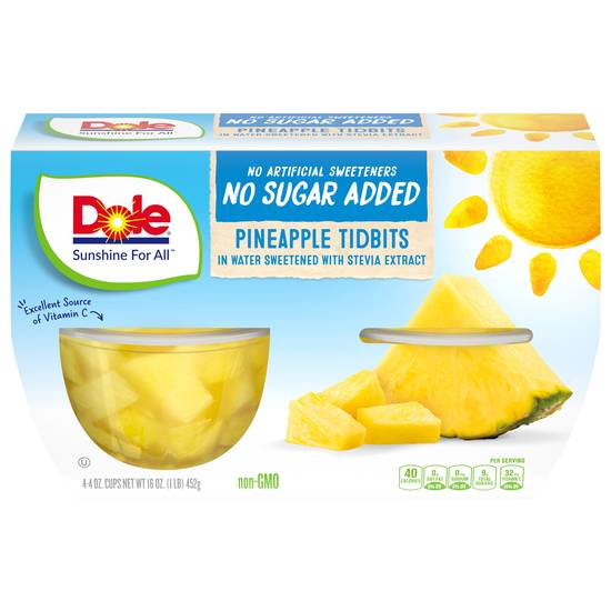 Dole No Sugar Added Pineapple Tidbits With Monk Fruit (4 x 4 oz)
