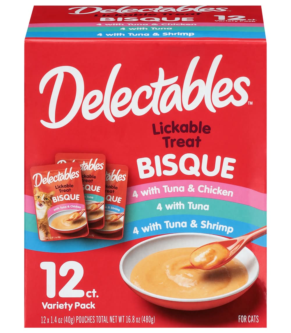 Delectables Lickable Bisque Cat Treats Variety pack, Tuna & Chicken-Tuna-Tuna & Shrimp (12 x 16.8 oz)