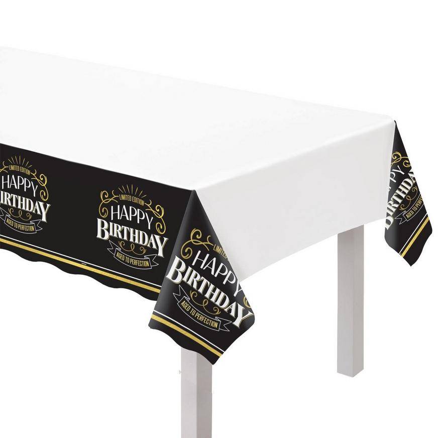 Black Gold Happy Birthday Plastic Table Cover, 54in x 102in - Better With Age