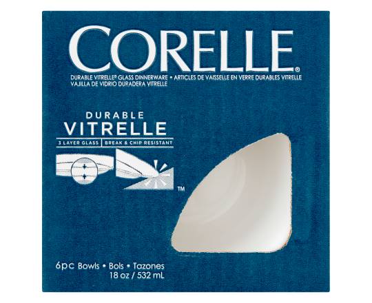 Corelle Durable Vitrelle Glass Dinnerware Bowls 18 oz, Winter Frost White (6 ct)
