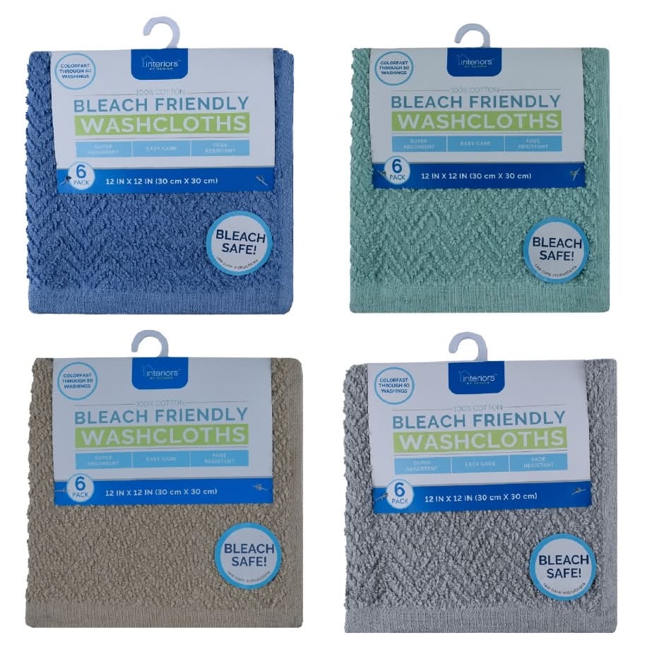 Interiors By Design Bleach Safe Washcloths, 12x12 in, Assorted (4 x 6 ct)
