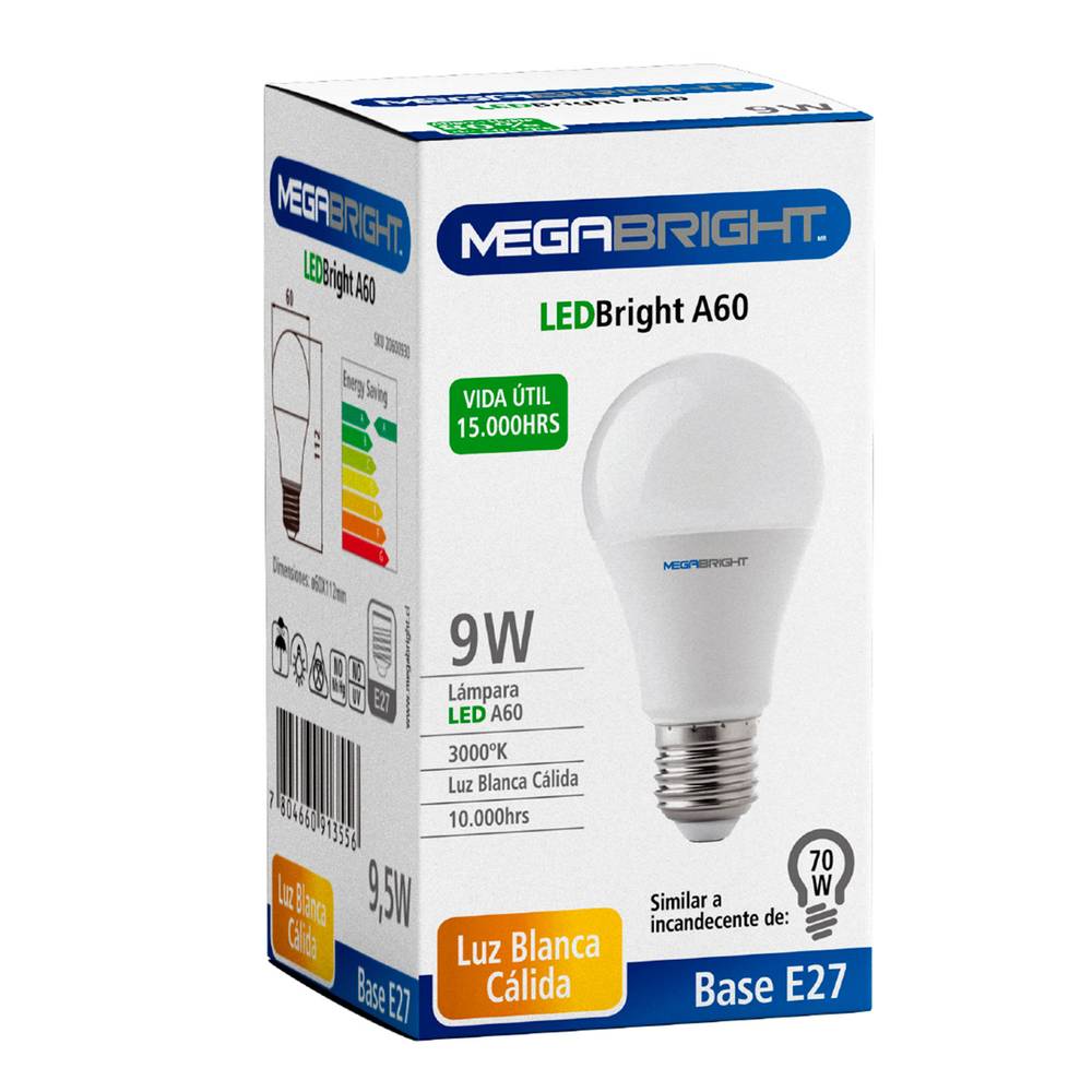 Megabright ampolleta led a60 clasic 9.5w/3000k e-27 (1 u)