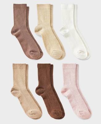 A New Day Shimmer & Solid Fine Ribbed Mid-Crew Socks, Women, Size 4-10, Assorted (6 ct)