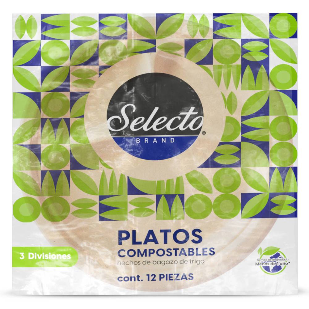 Selecto plato con 3 divisiones compostable (12 un)