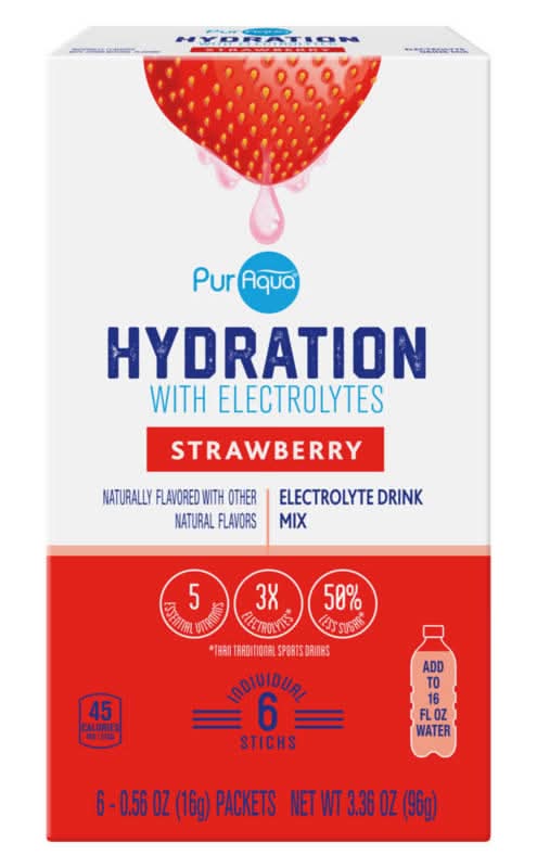 PurAqua Hydration With Electrolytes Electrolyte Drink Mix Sticks, Strawberry (6 x 0.56 oz)