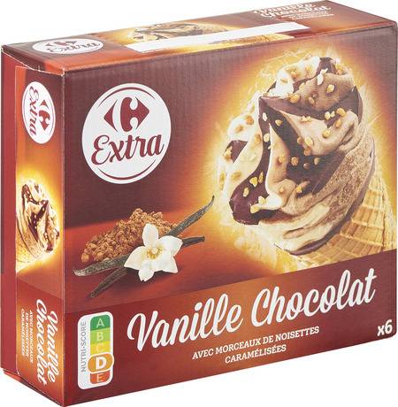 Glace Cône vanille chocolat CARREFOUR EXTRA - la boite de 6 - 408g