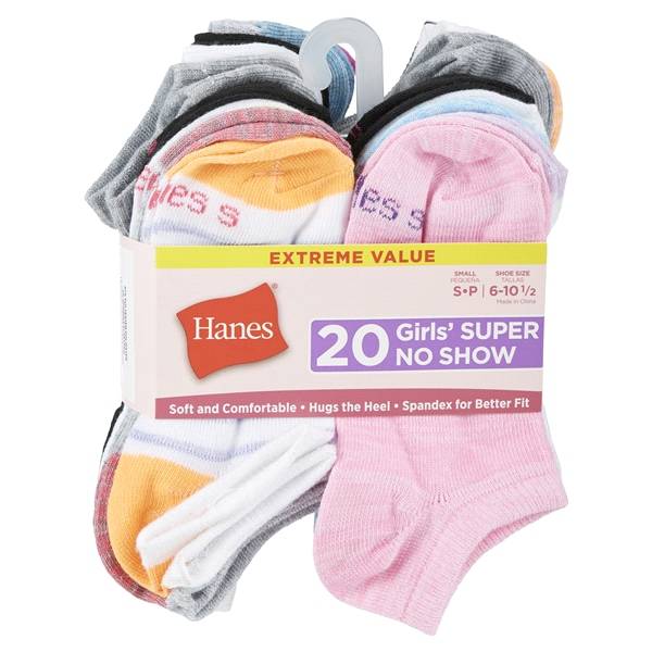 Hanes Girls' Super No-Show Socks, Assorted Colors, 20 Pack, Size Small