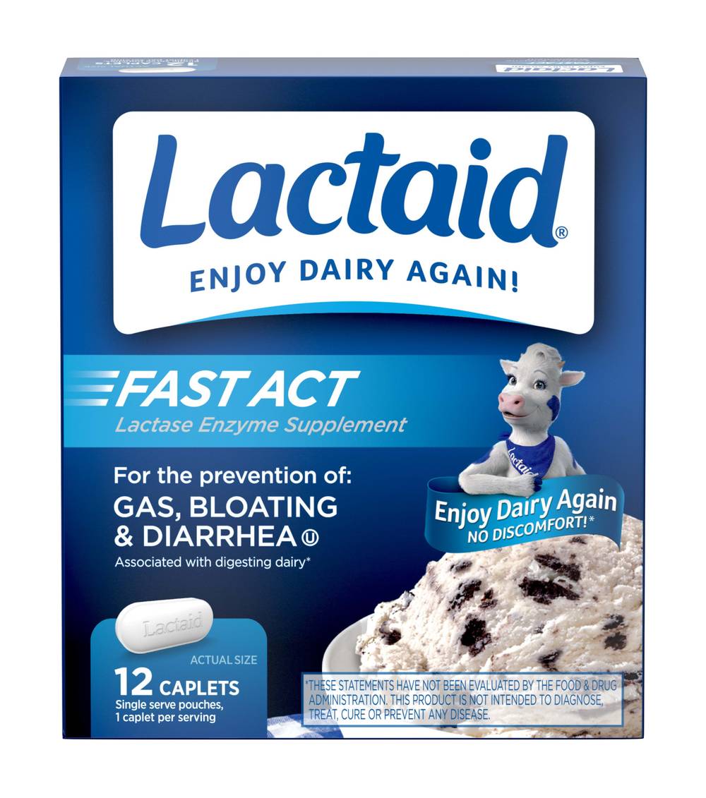 Lactaid Fast Act Lactase Enzyme Supplement Caplets (1.6 oz, 12 ct)