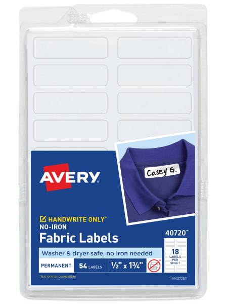 Avery® No-Iron Fabric Labels, 40720, Rectangle, 1/2" x 1-3/4", White, Pack Of 54