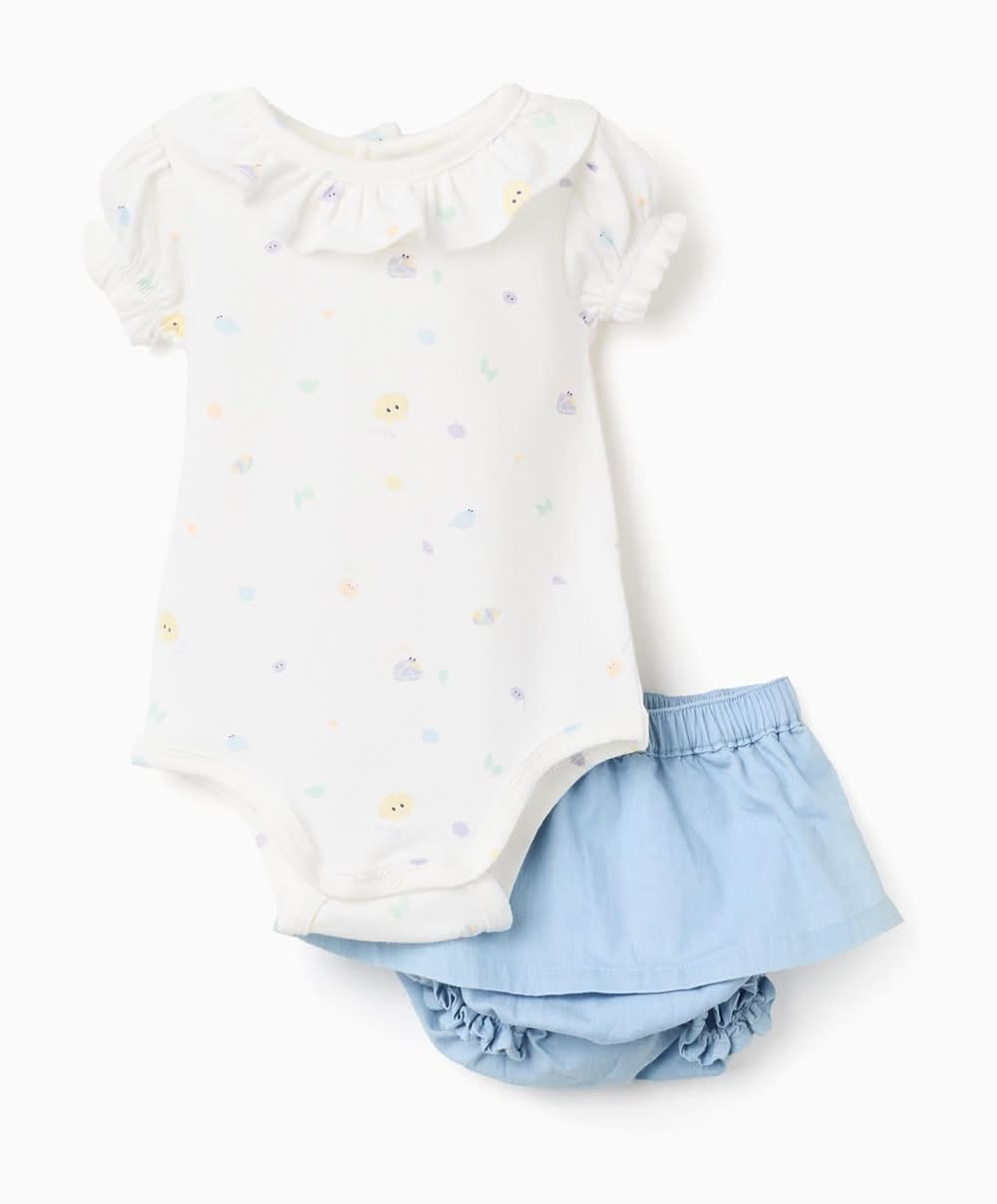 Body Com Motivo + Saia De Ganga Para Recém-Nascida, Branco/Azul-Claro (Azul Claro - 1/3M)