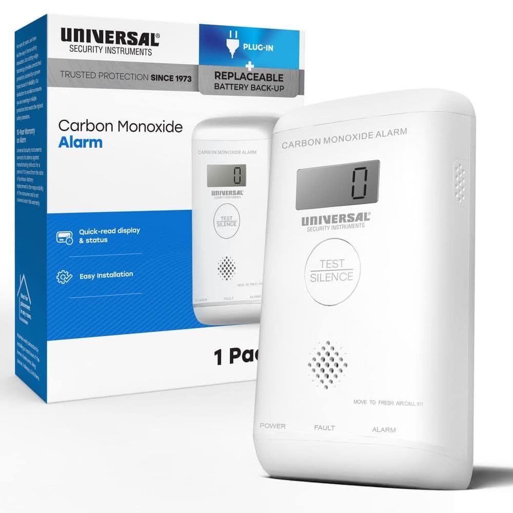 Universal Security Instruments Plug-In Carbon Monoxide Detector With 1-Year Replaceable Battery, Digital Display
